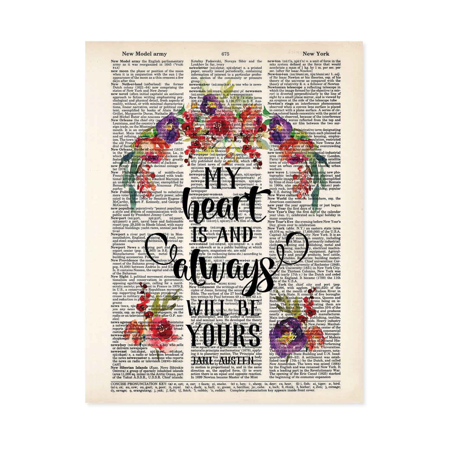 My Heart is and Always Will Be Yours - Jane Austen Quote with Watercolor Flowers