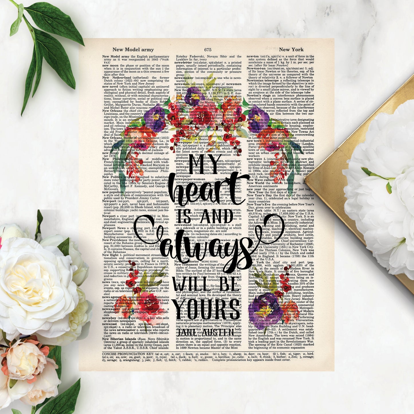 My Heart is and Always Will Be Yours - Jane Austen Quote with Watercolor Flowers
