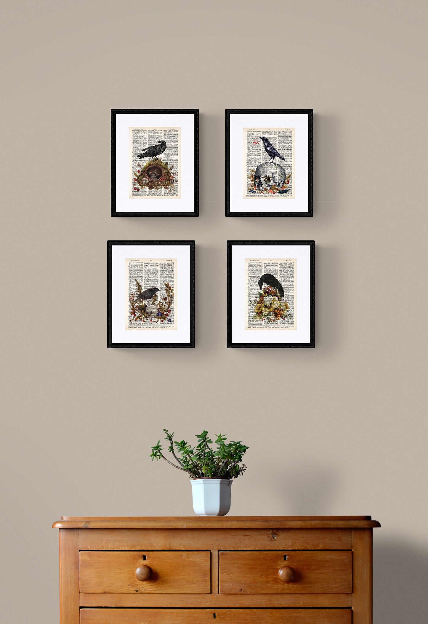 Vintage Black Bird on Fruited Brand with Mushrooms and Snail - Dictionary Page Art - PRINT ONLY - Raven Crow Vintage Image Enchanted Forest