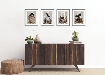Vintage Black Bird on Fruited Brand with Mushrooms and Snail - Dictionary Page Art - PRINT ONLY - Raven Crow Vintage Image Enchanted Forest