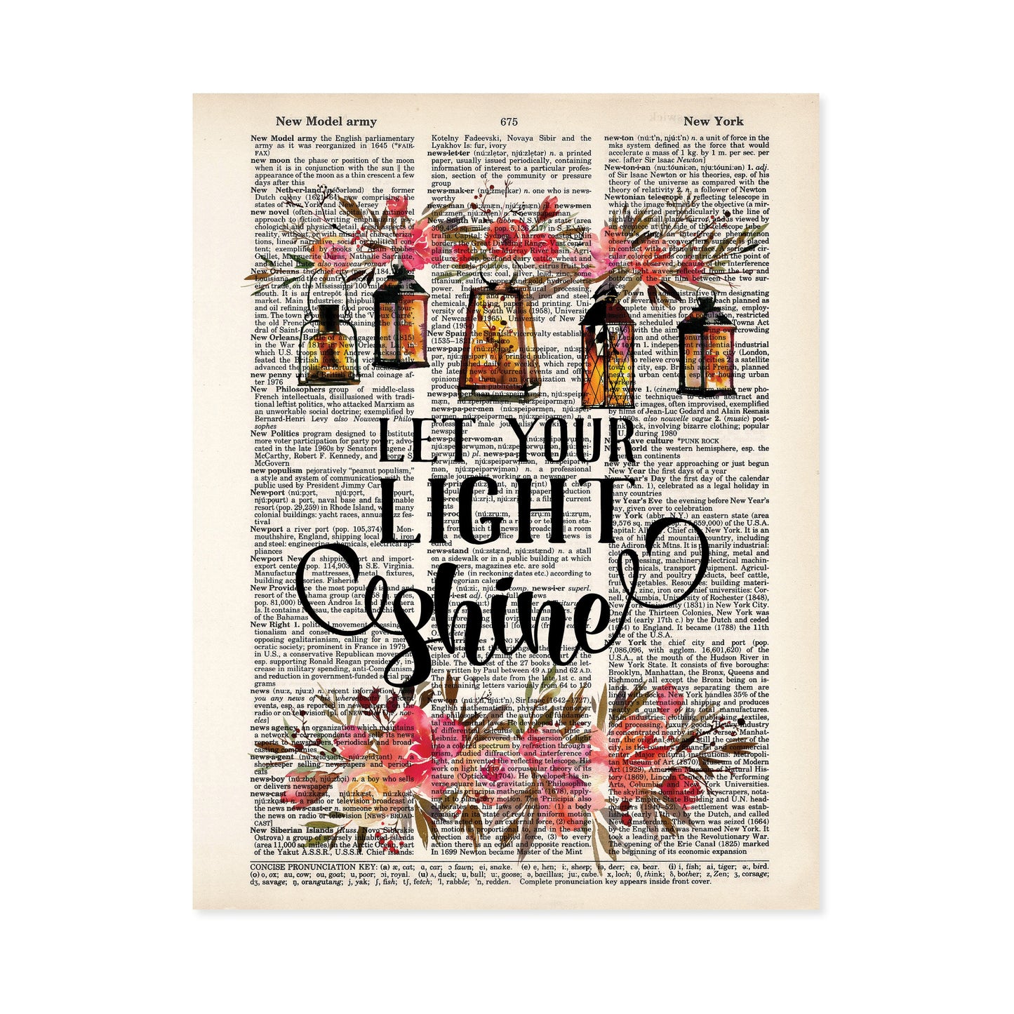 Let Your Light Shine quote with Watercolor Lanterns and Flowers