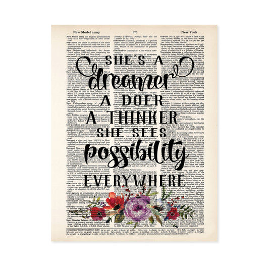 She's A Dreamer A Doer A Thinker She Sees Possibility Everywhere Quote with Watercolor Flowers